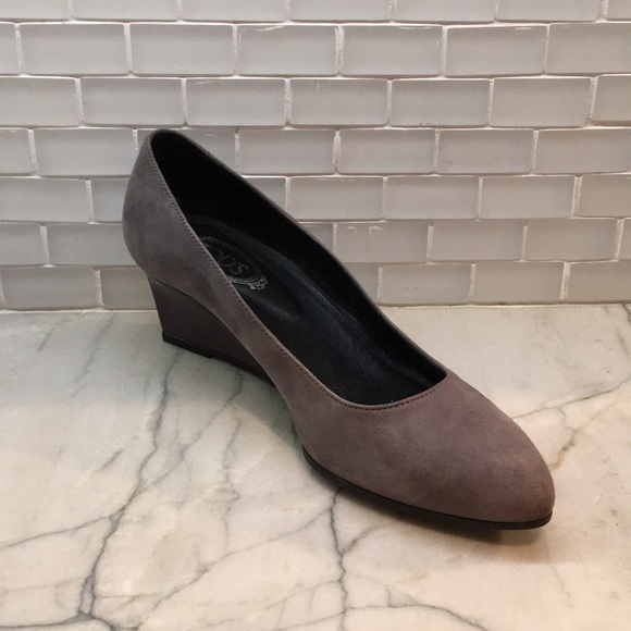 Tod’s Zeppa Wedge Pointy Slip On Suede Shoes Taupe Gray 6 - Picture 3 of 14